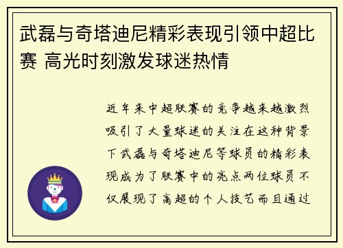 武磊与奇塔迪尼精彩表现引领中超比赛 高光时刻激发球迷热情